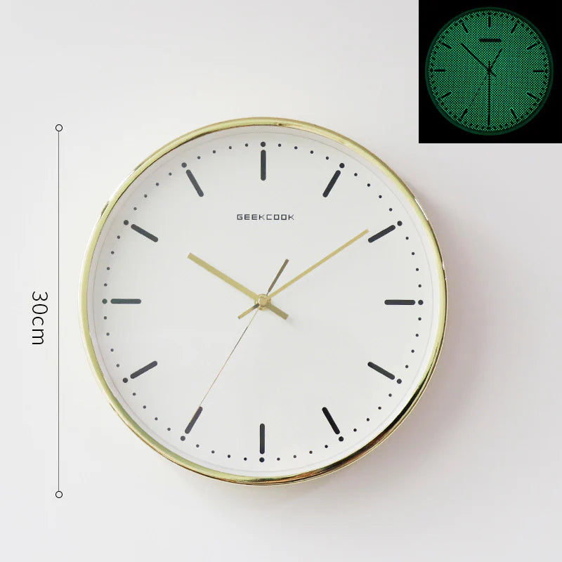 Minimalist Night-Glow Silent Wall Clock — 12" Metal & Glass