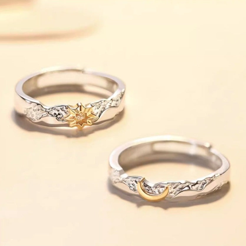 Sun and Moon Promise Rings - Adjustable Sterling Silver Set