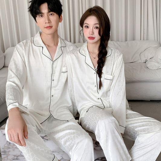 Matching Couple Pajamas – Geometric Jacquard Faux Silk Set for Couples