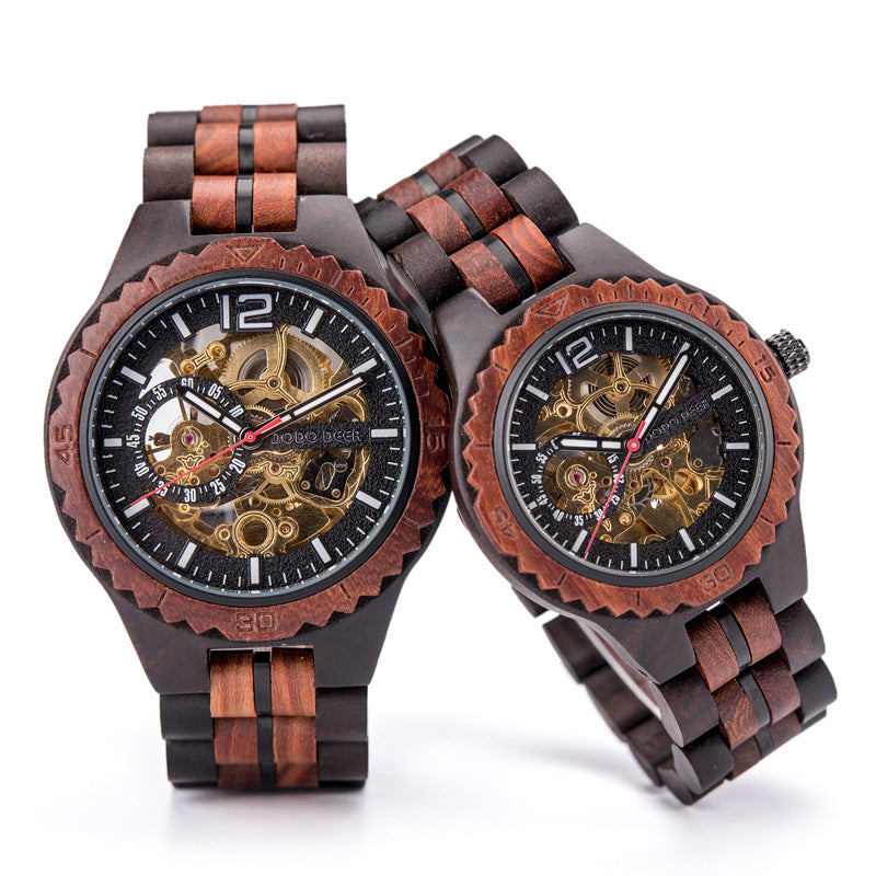 Engraved Skeleton Wood Couple Watch Set