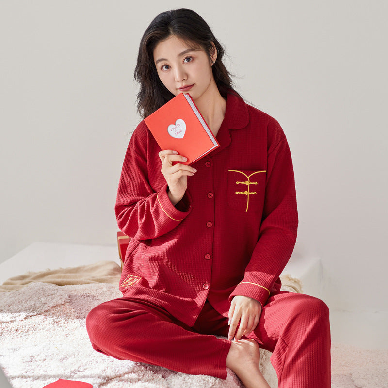 Long Sleeves Red Chinese Matching Sleepwear Set 100% Cotton