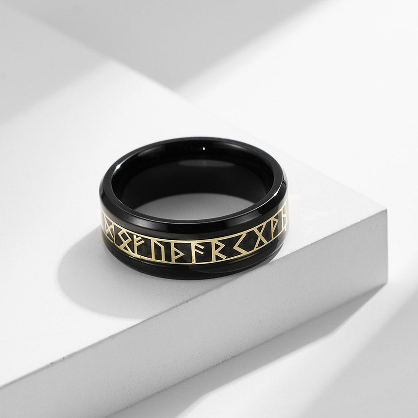 Engraved Futhark Viking Style Mens Ring