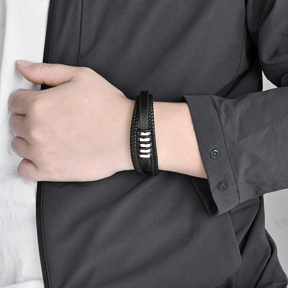 Engravable Mens Braided Bracelet Leather 8.6 Inches