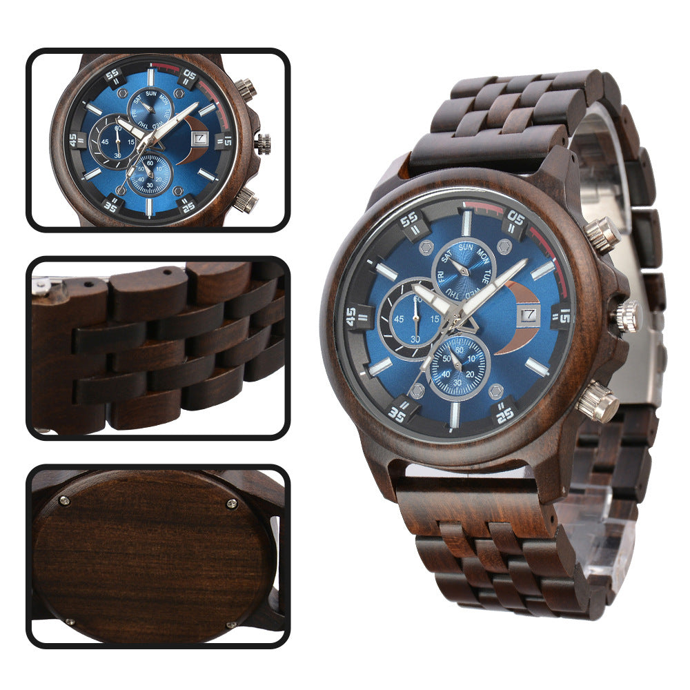 Multifunctional Mens Wood Watch with Customized Engraving