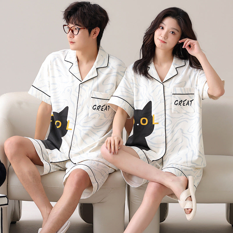 Minimalist Cat Couple Pajamas - Cotton Short Sleeve Cardigan