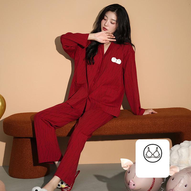 Red Xmas Print Long Sleeve Couples Pajamas 100% Cotton