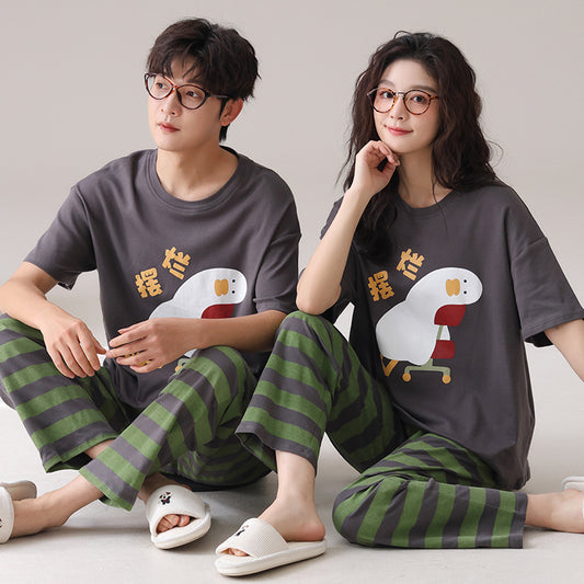 Cute Duck Striped Couple Pajamas - Cotton Summer Set