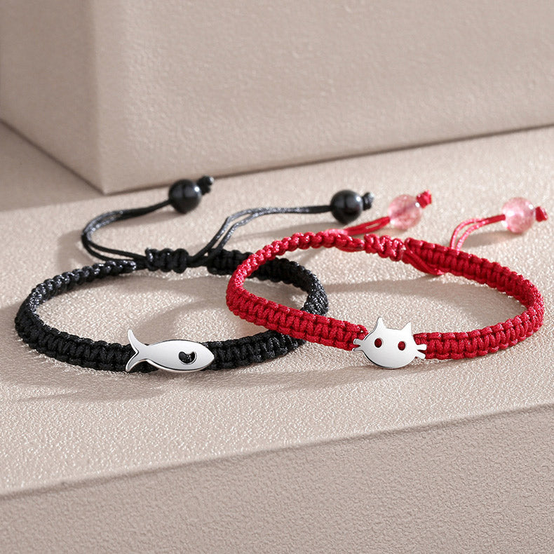 Engraved Cat and Fish Promise Bracelets for 2