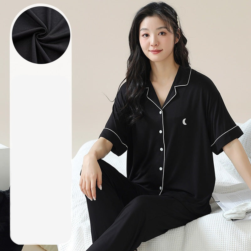 Black Button Up Pajamas Set for Women - 100% Yarn