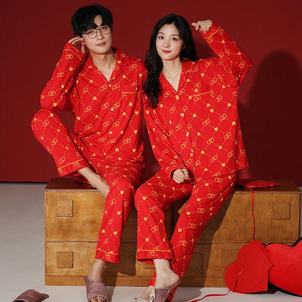 4-Piece Married Couples Red Pajamas Set 100% Cotton