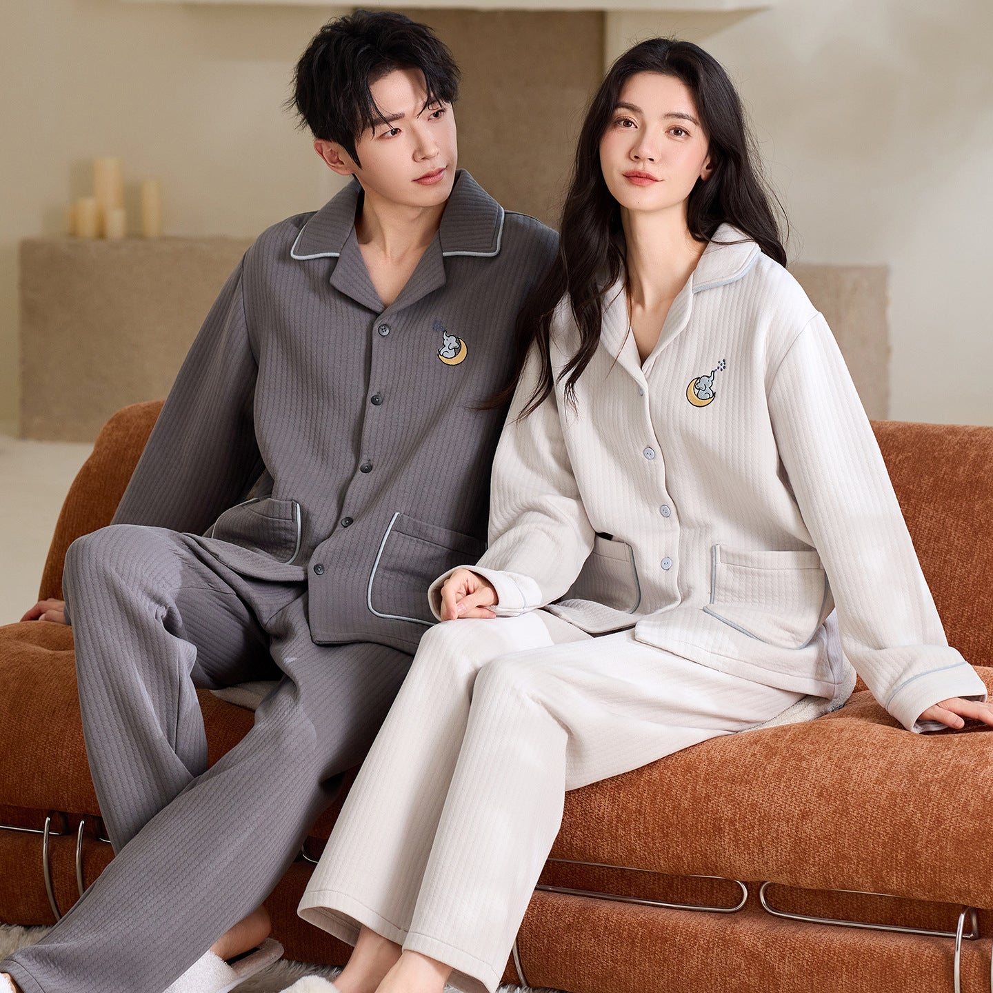 Matching Couple Pajamas Set – Air Cotton with Moon & Star Embroidery