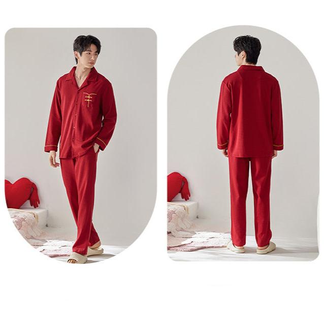 Long Sleeves Red Chinese Matching Sleepwear Set 100% Cotton