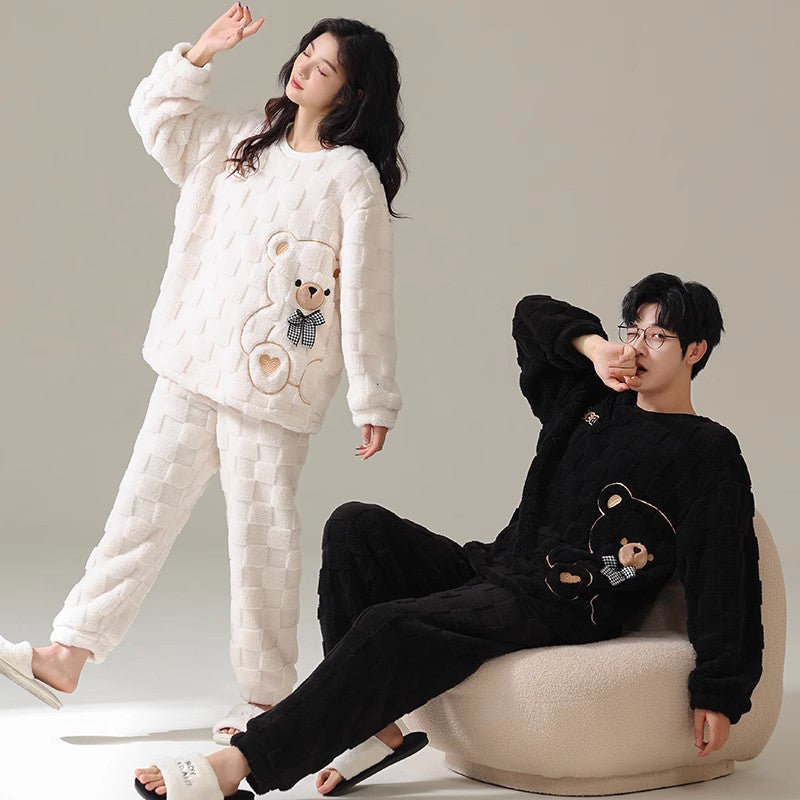 4-Piece Thick Flannel Couples Cute Pajamas Set
