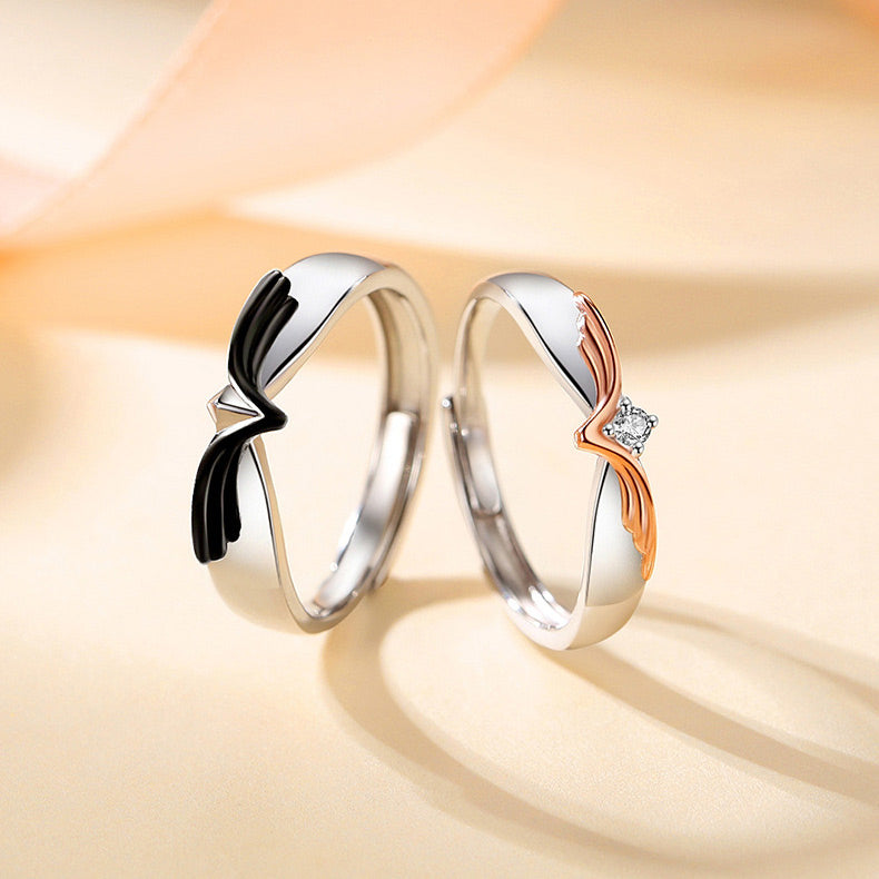 Matching Angel Wings His Hers Couple Rings Set
