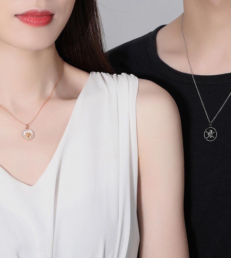 Rose and Skull Couple Necklaces Set for 2