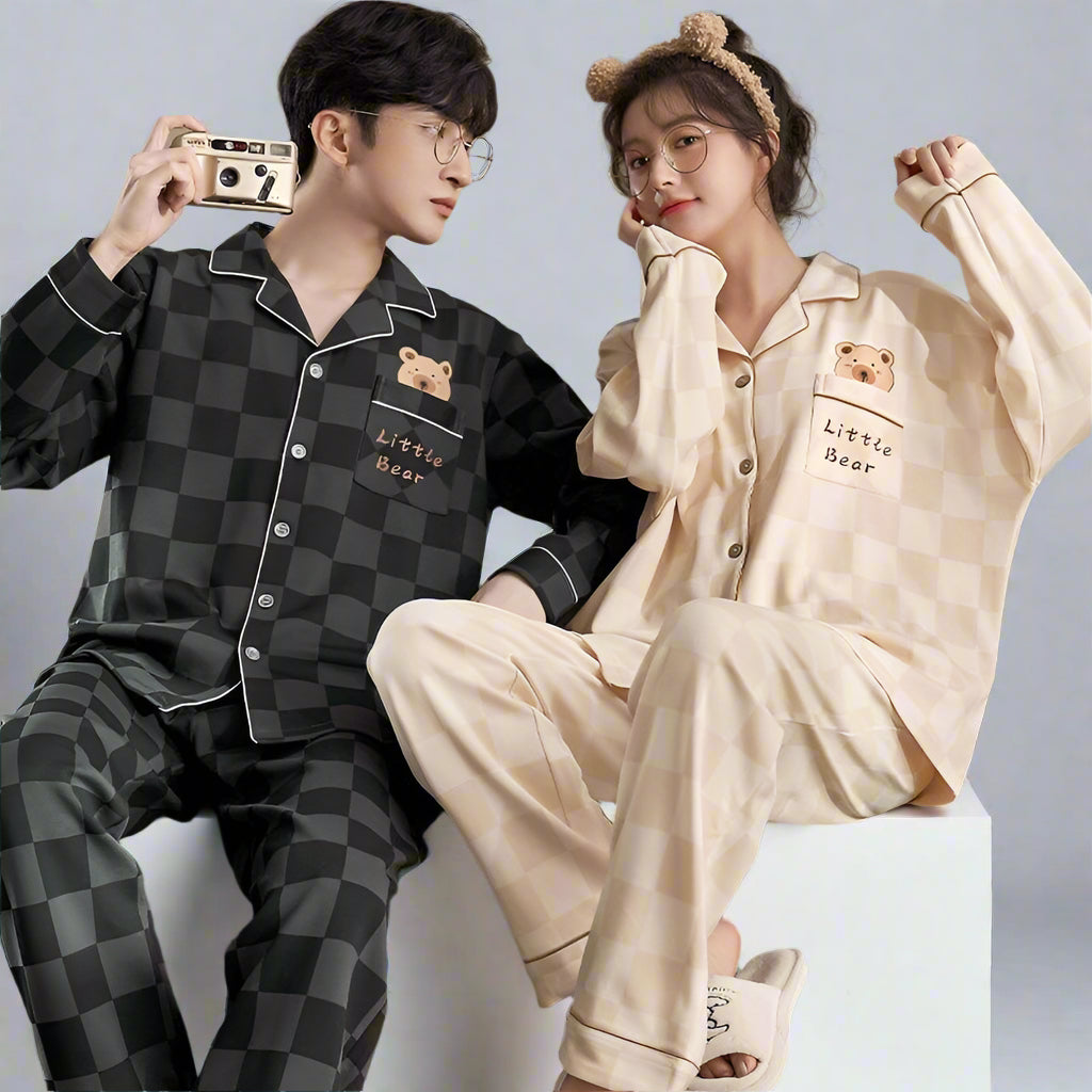 Cute Bear Summer Couple Pajamas Set 100% Cotton