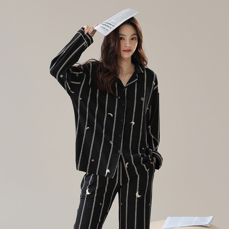 4-Piece Striped Black Matching Cotton Pajamas