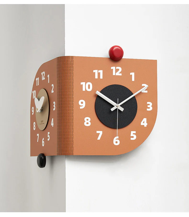 Corner Double-Sided Silent Wall Clock – Terracotta (Dual Time)