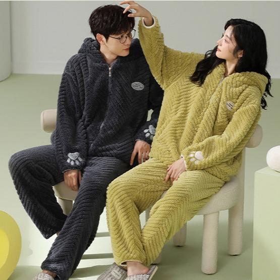 4-Piece Flannel Zipper Hoodie Pajamas for Couples
