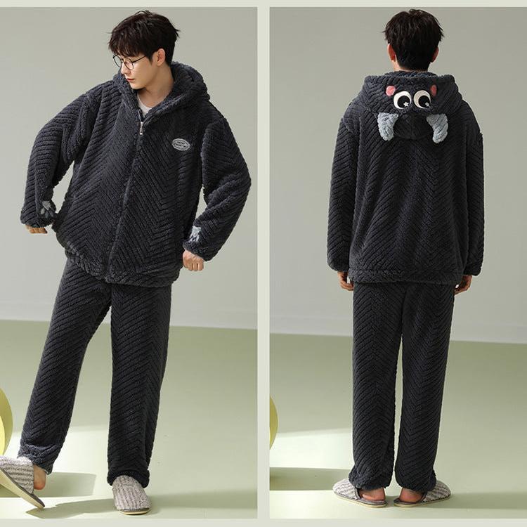 4-Piece Flannel Zipper Hoodie Pajamas for Couples