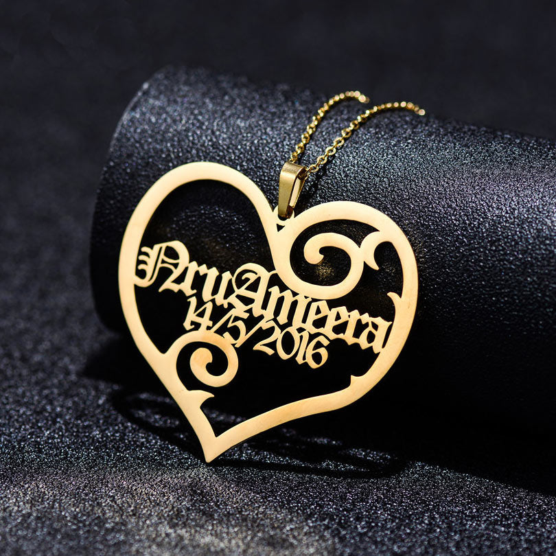 Custom Heart Name and Date Necklace for Her