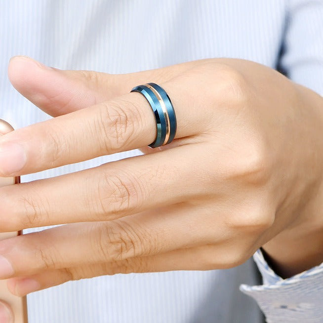 Engraved Mens Promise Ring Blue Tungsten 8mm