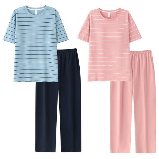 Sporty Striped Cotton Couple Lounge Set