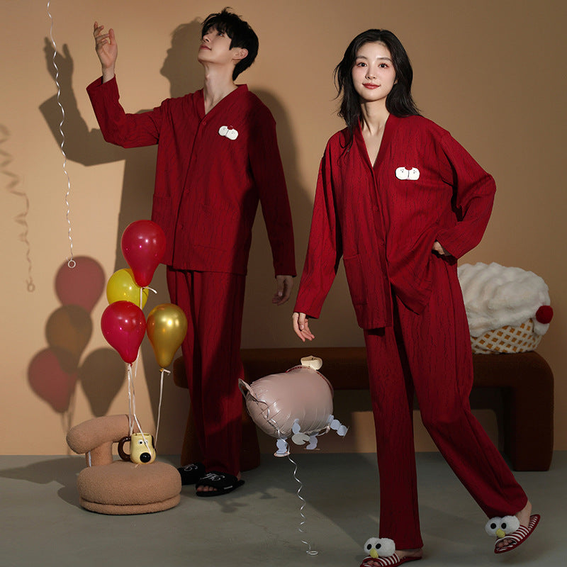 Red Xmas Print Long Sleeve Couples Pajamas 100% Cotton