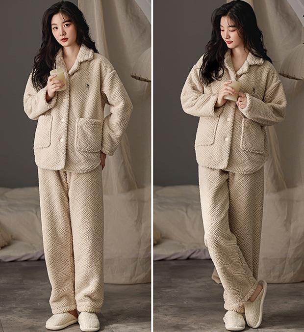 Thickened Flannel Button Up Pajamas Set