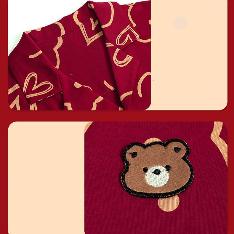 Bear Print Couples 4-Piece Pajamas Set 100% Cotton