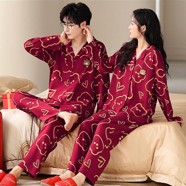Bear Print Couples 4-Piece Pajamas Set 100% Cotton