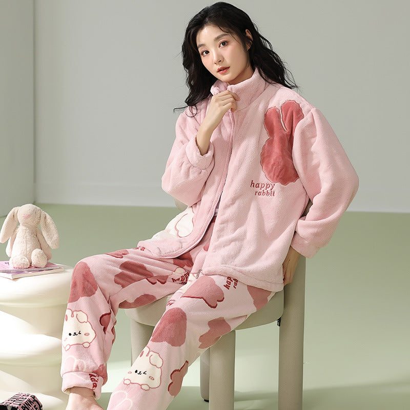4-Piece Winter Thick Flannel Couples Cute Pajamas Set