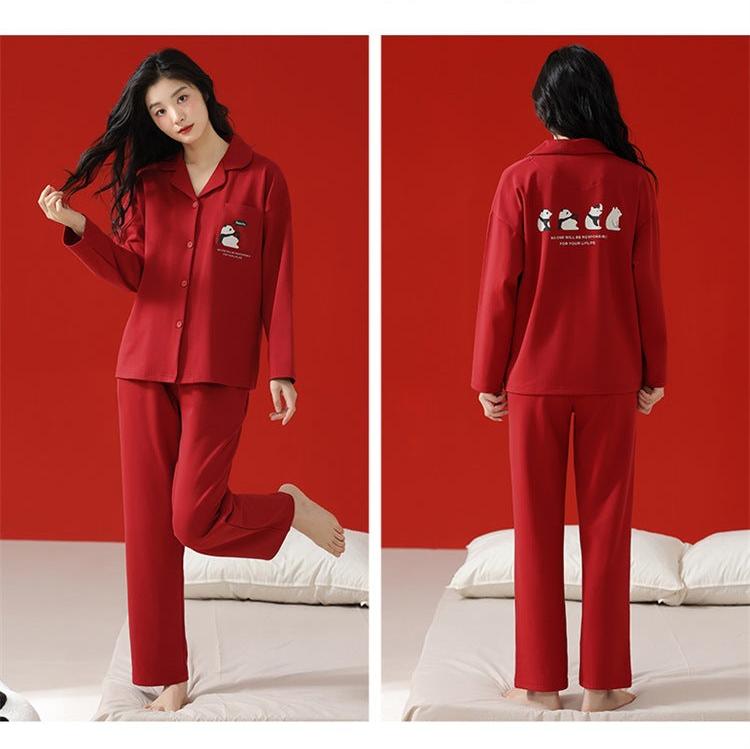 4-Piece Matching Panda Print Red PJs Set 100% Cotton