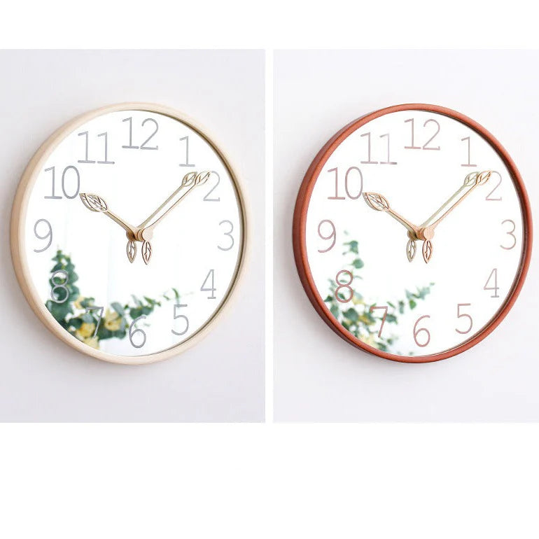 Nordic Mirror Silent Wall Clock – Solid Wood, 12"