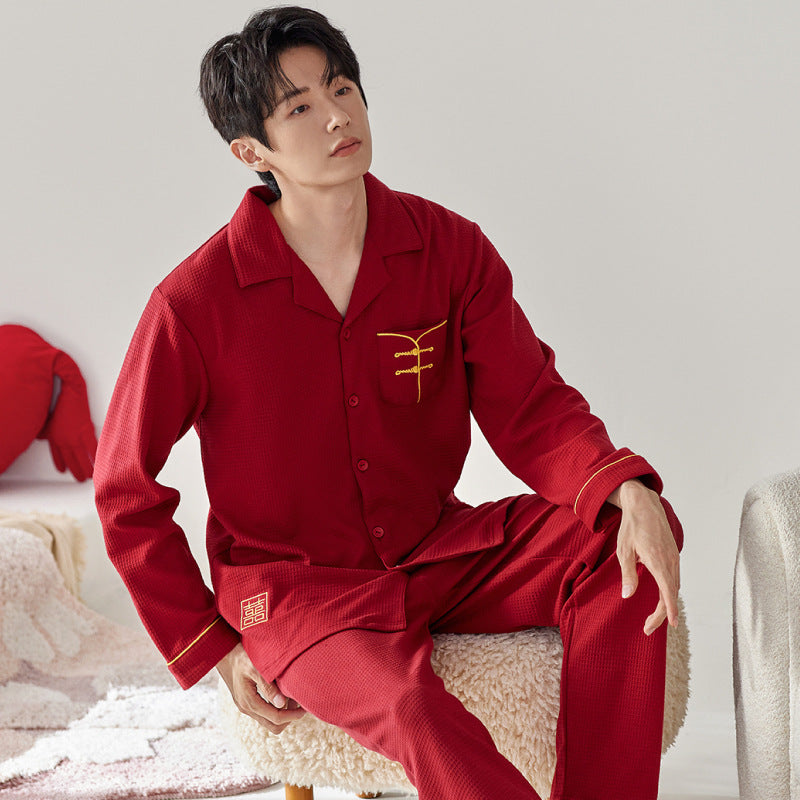 Long Sleeves Red Chinese Matching Sleepwear Set 100% Cotton