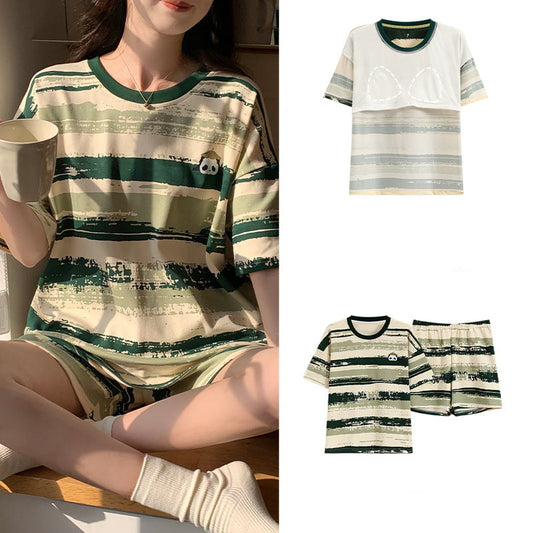 100% Cotton Summer Short Pajamas Set, Padded Bra