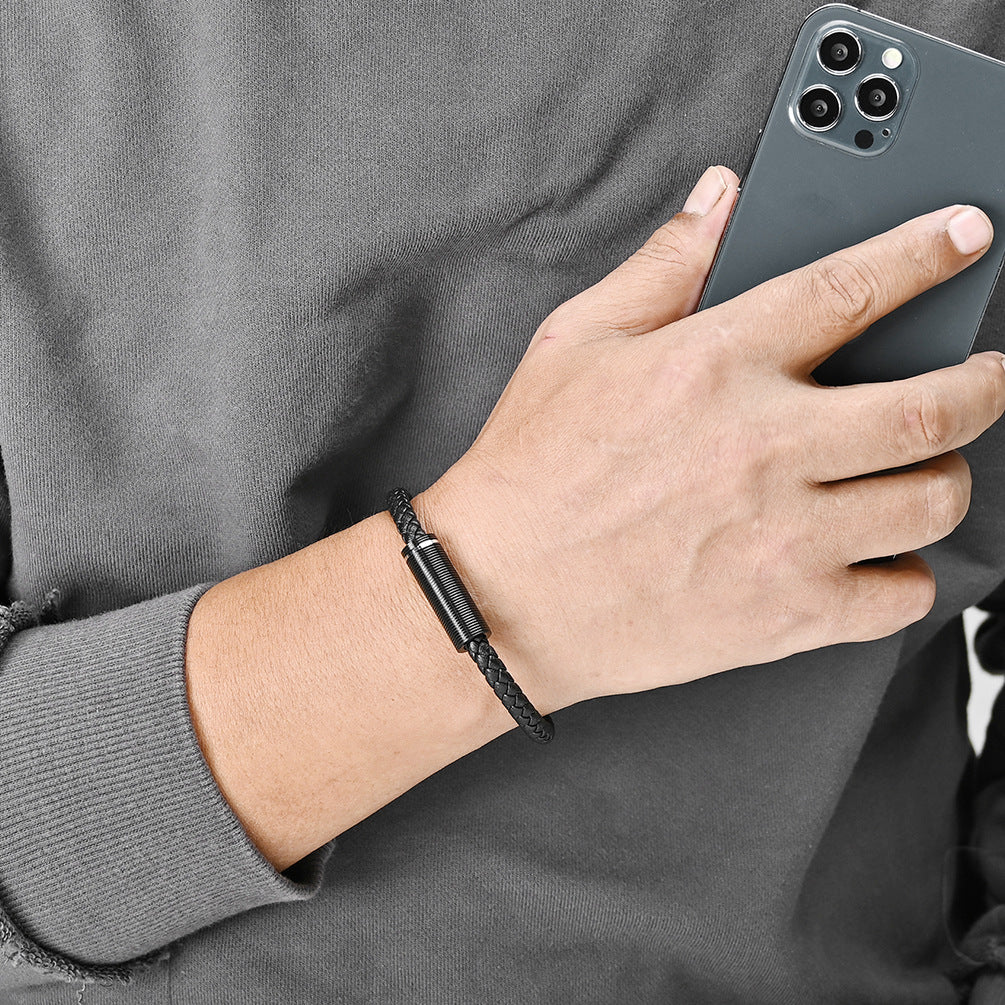 Custom Engraved Mens Magnetic Bracelets Black Leather 8.5 Inches