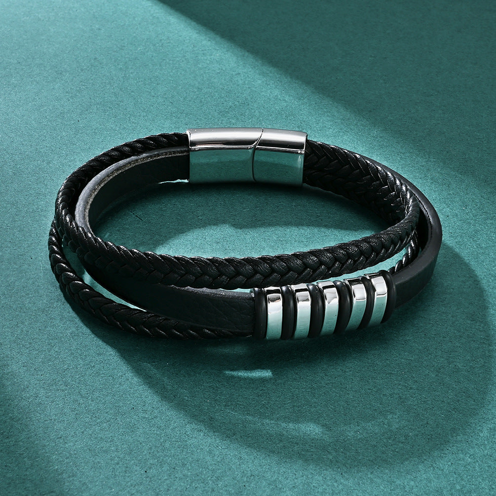 Engravable Mens Braided Bracelet Leather 8.6 Inches