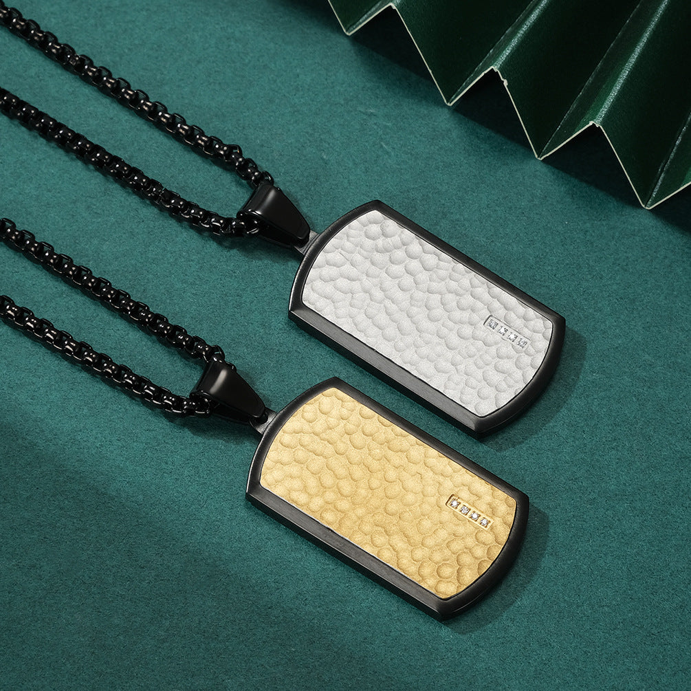 Engraved Beveled Hammered Pendant Mens Necklace