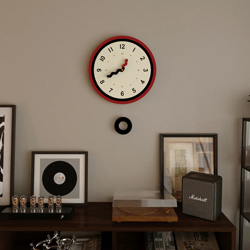 Nordic Silent Pendulum Wall Clock — 12" Round (Acrylic, Red Frame)