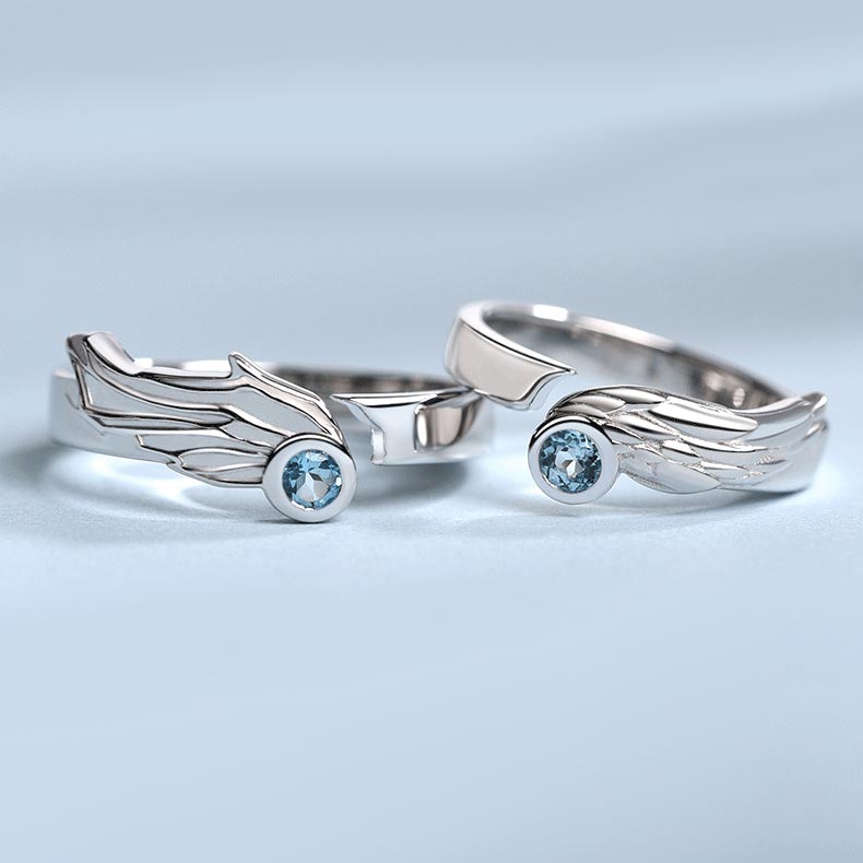 Angel Wings Couple Rings - Adjustable White Gold Plated Sterling Silver Set