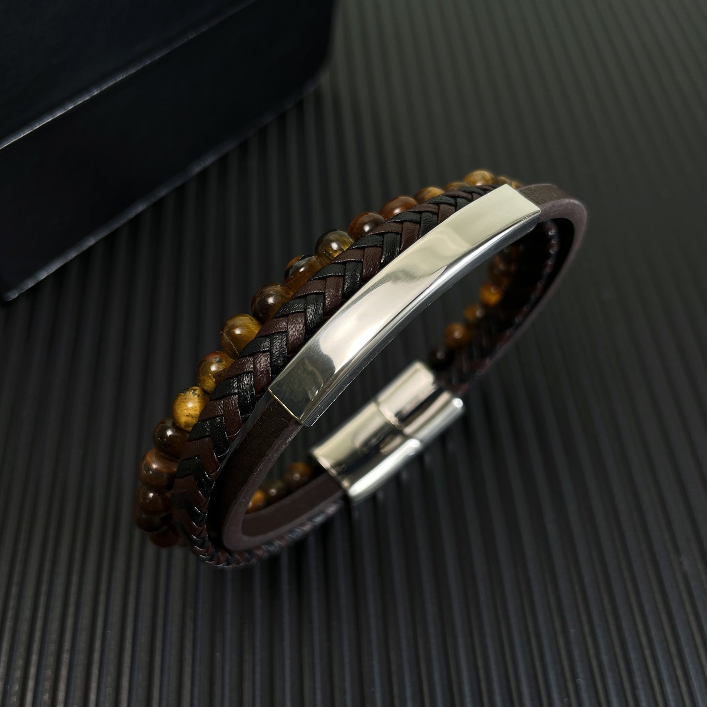 Engravable Multilayered Mens Bracelet Tiger-eye Stone