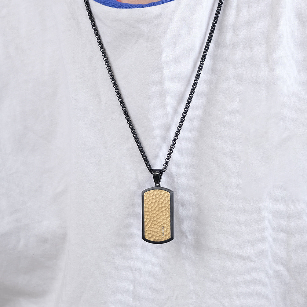 Engraved Beveled Hammered Pendant Mens Necklace
