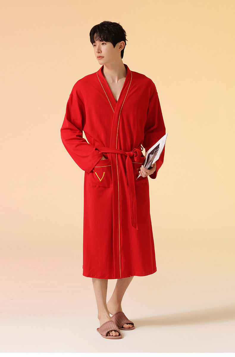 2-Piece Red Asian Style Bathrobe Set for Couples