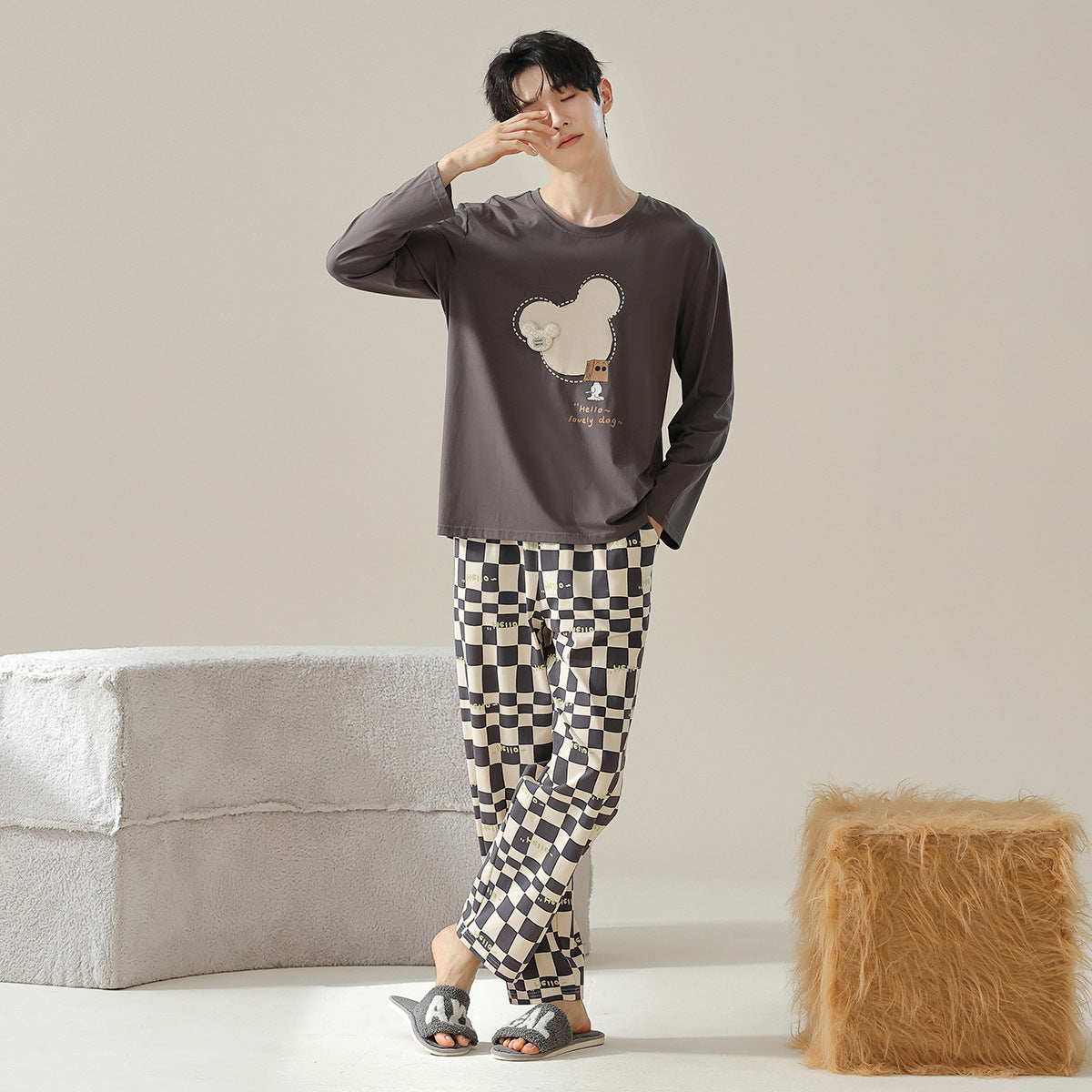 4-Piece Bear Checkered PJs Set for Couples