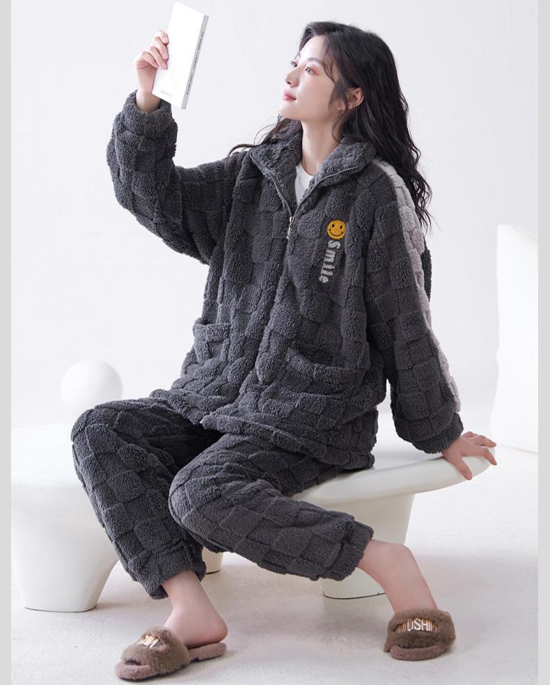 Thickened Flannel Zip-up Matching Pajamas Set for Couples