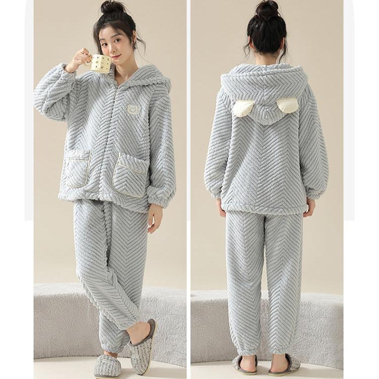 4-Piece Flannel Hoodie Bear Sleepwear PJs Set