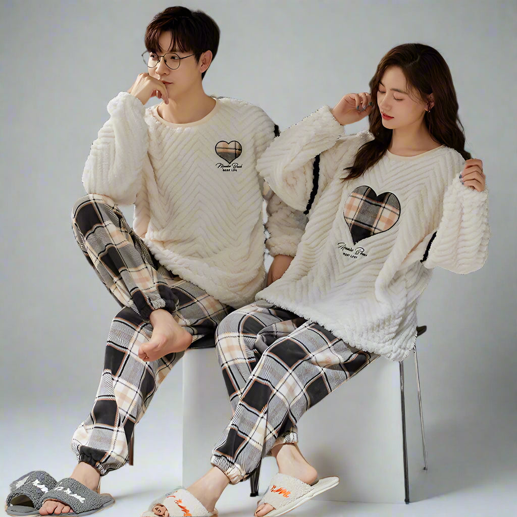 Flannel Winter Couples Pajamas Set with Hearts