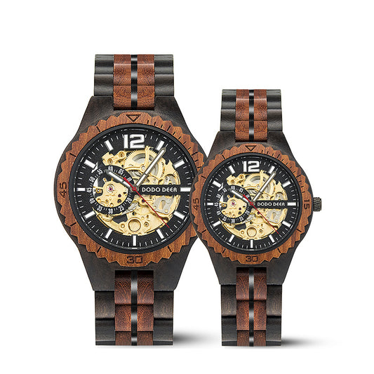 Engraved Skeleton Wood Couple Watch Set