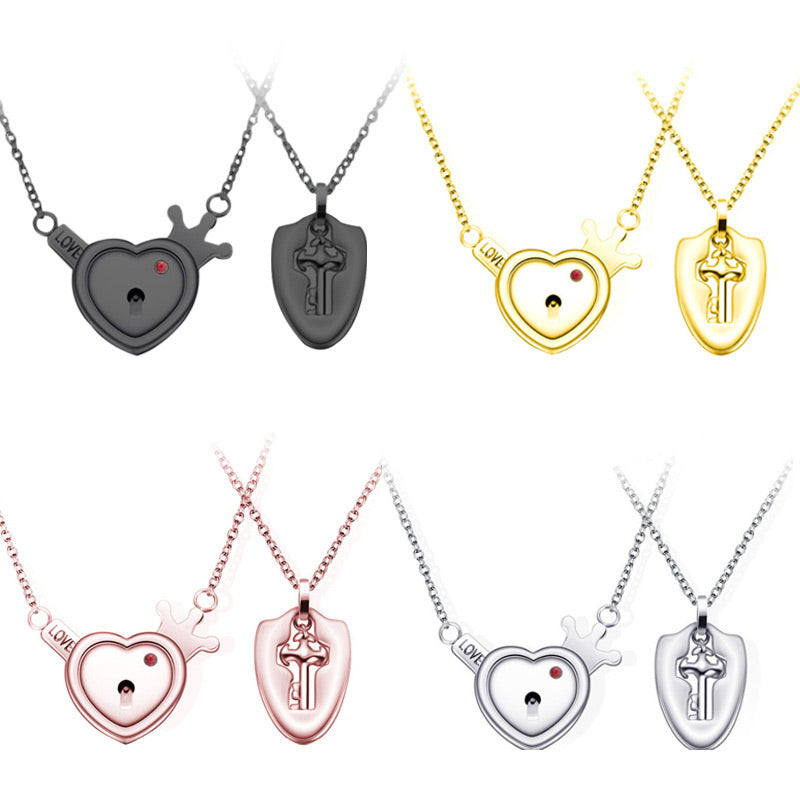 Engraved Real Lock and Key Heart Necklaces Set for 2